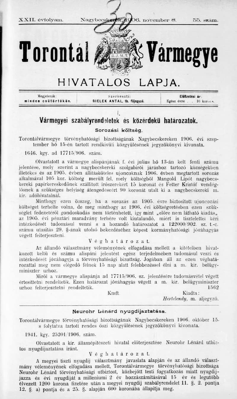 Torontál Vármegye Hivatalos Lapja, 22. évf. 1906. november 8. 55. sz.