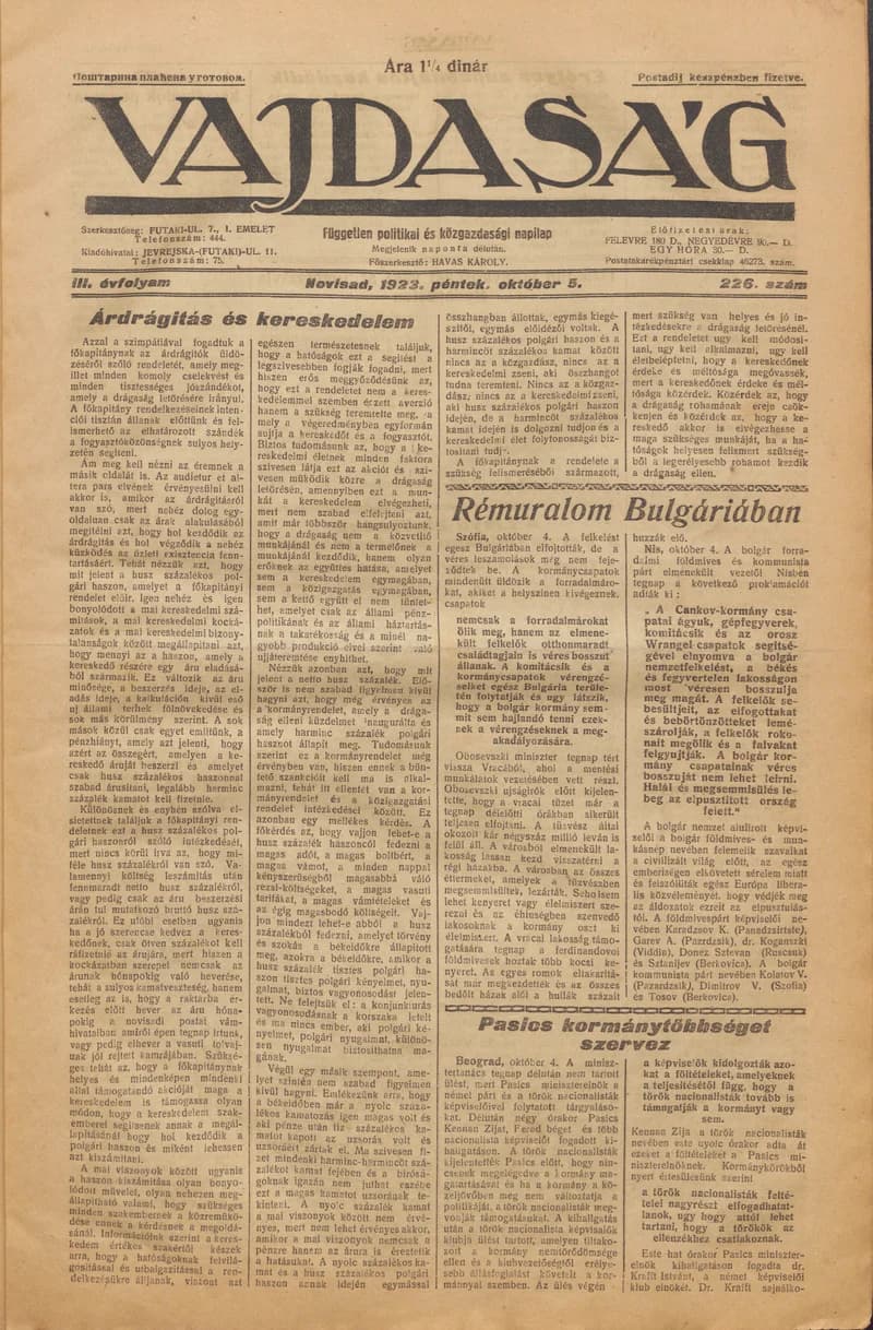Vajdaság, 3. évf. 1923. október 5. 226. sz.