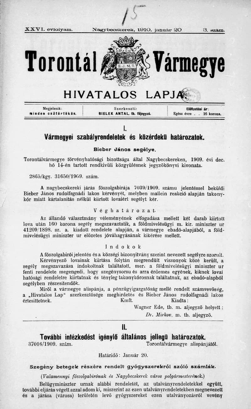 Torontál Vármegye Hivatalos Lapja, 26. évf. 1910. január 20. 3. sz.