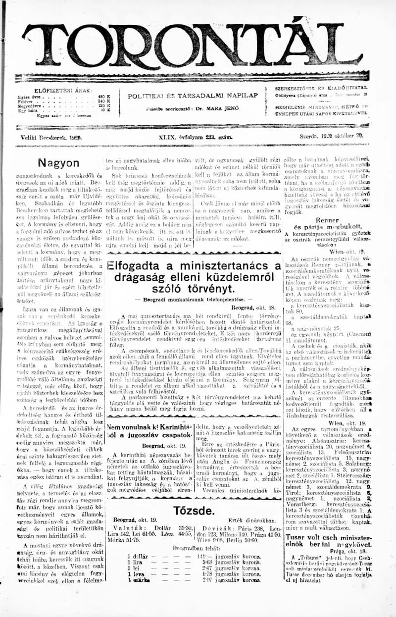 Torontál, 49. évf. 1920. október 20. 233. sz.