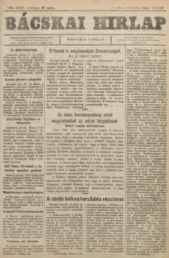 Bácskai Hirlap, 24. évf. 1920. május 18. 65. sz.