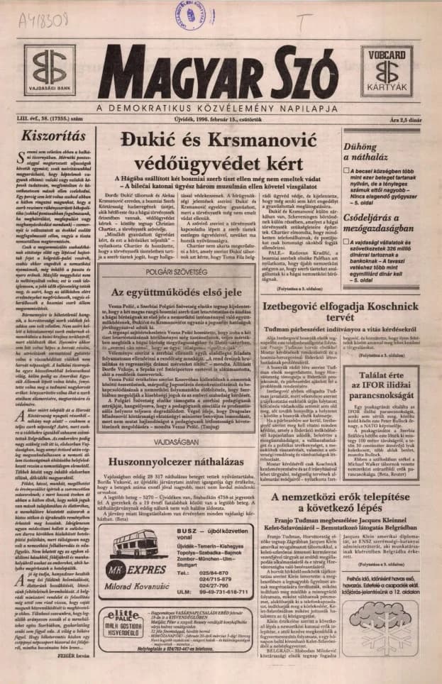 Magyar Szó, 53. évf. 1996. február 15. 38. sz. 1–16. oldal