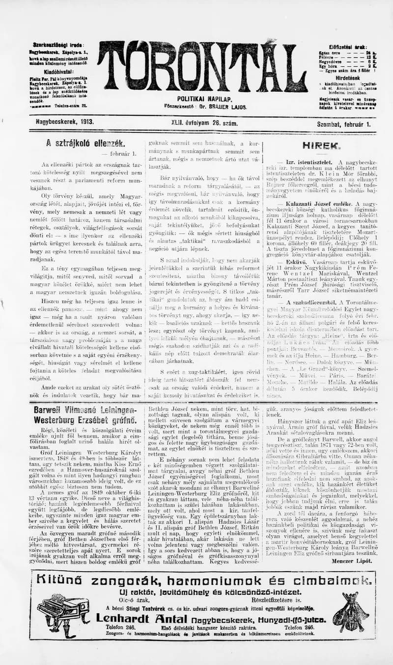 Torontál, 42. évf. 1913. február 1. 26. sz.