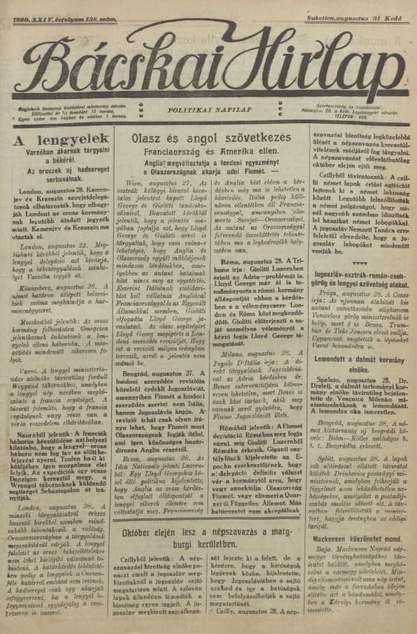 Bácskai Hirlap, 24. évf. 1920. augusztus 31. 138. sz.