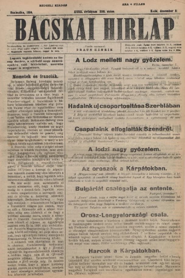 Bácskai Hirlap, 18. évf. 1914. december 8. 338. sz.