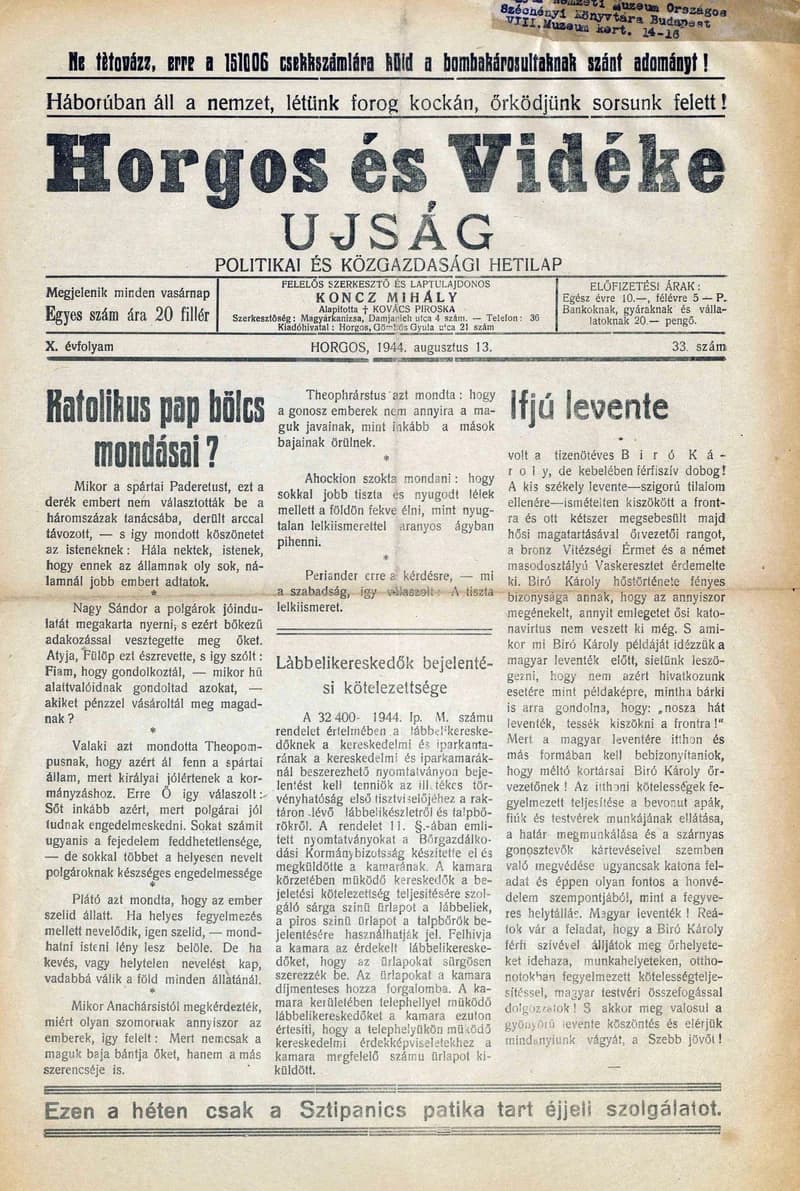 Horgos és vidéke, 9. évf. 1944. augusztus 13. 33. sz.