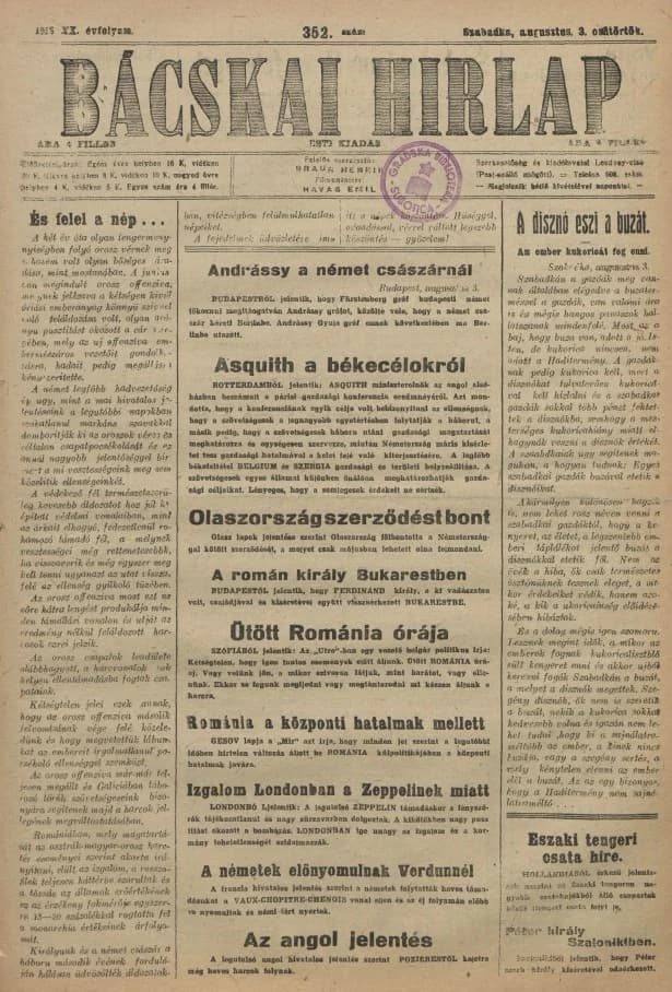 Bácskai Hirlap, 20. évf. 1916. augusztus 3. 352. sz.