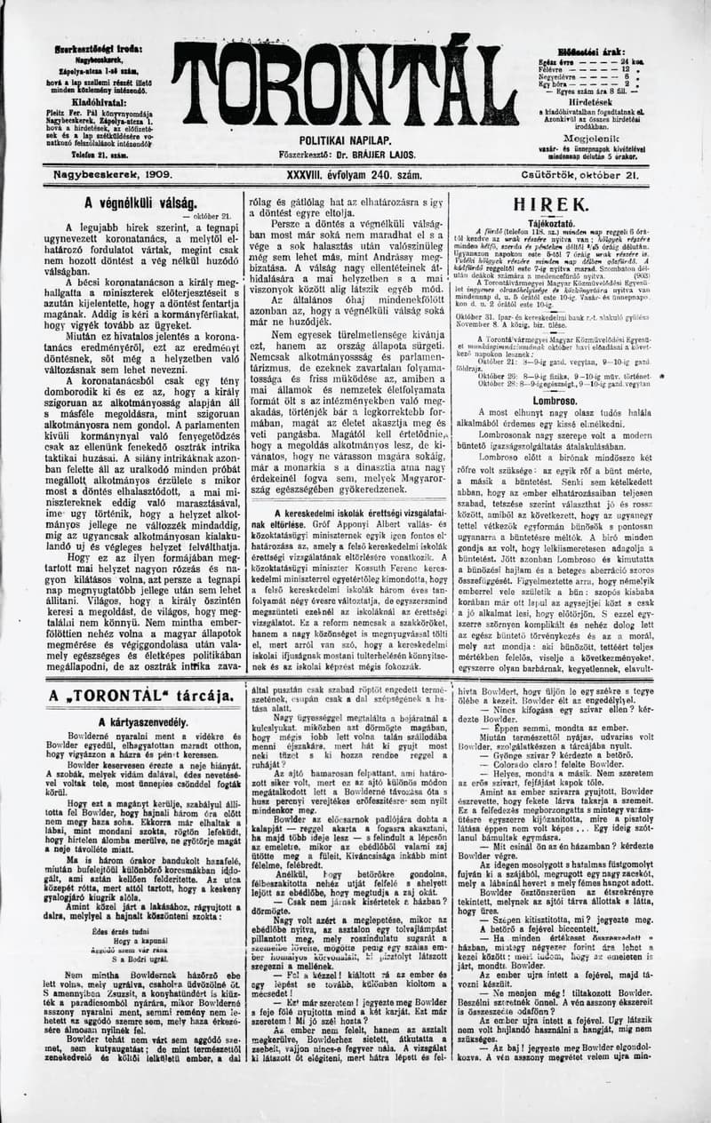 Torontál, 38. évf. 1909. október 21. 240. sz.