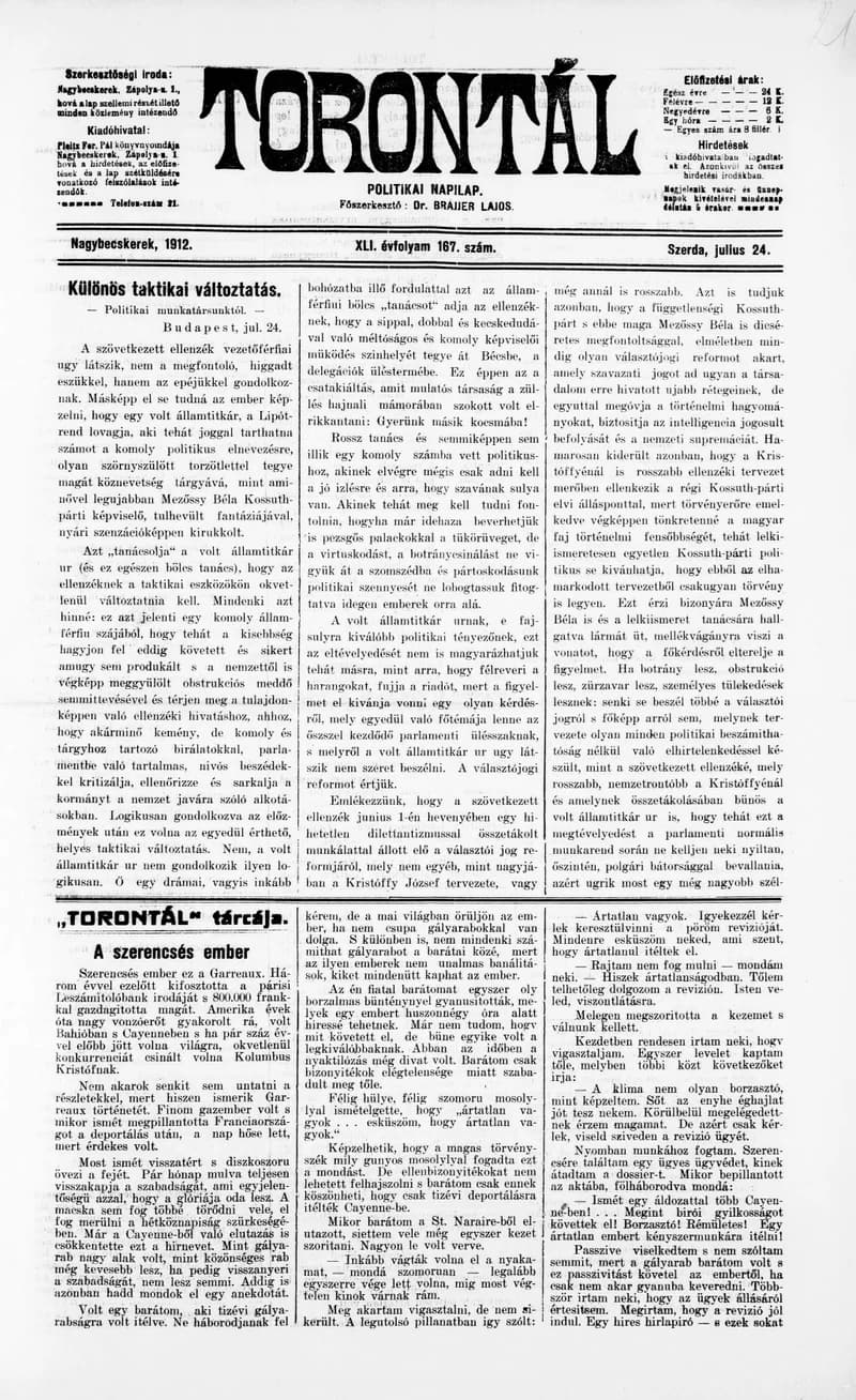 Torontál, 41. évf. 1912. július 24. 167. sz.