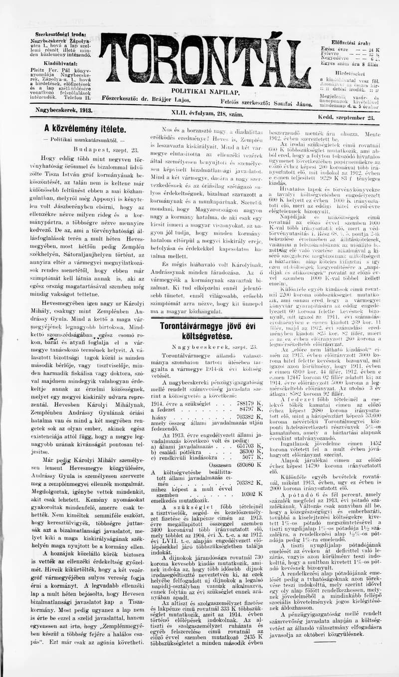 Torontál, 42. évf. 1913. szeptember 23. 218. sz.
