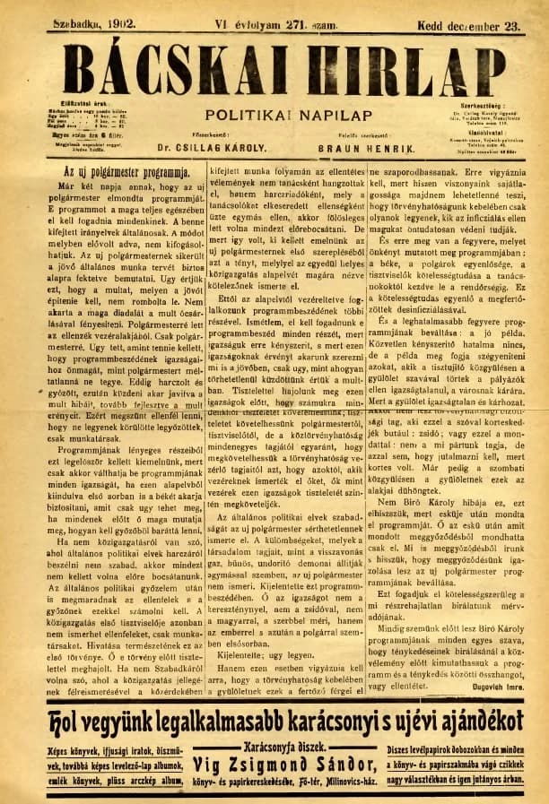 Bácskai Hirlap, 6. évf. 1902. december 23. 271. sz.