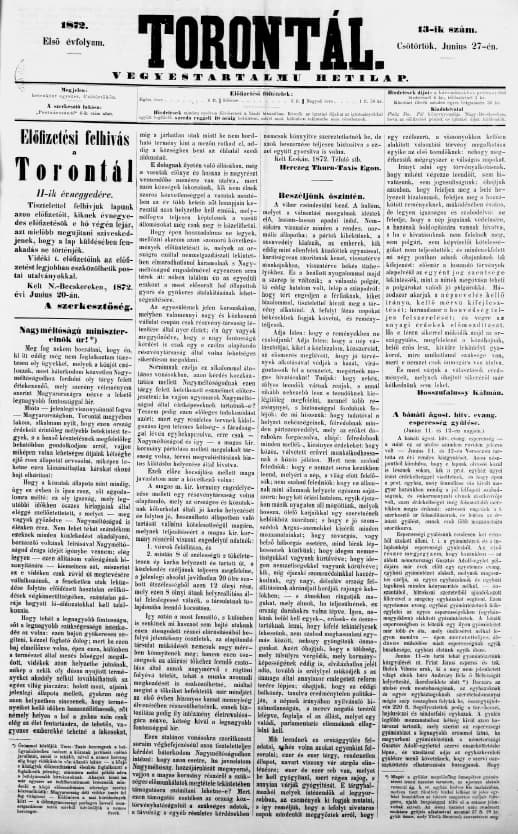 Torontál, 1. évf. 1872. június 27. 13. sz.