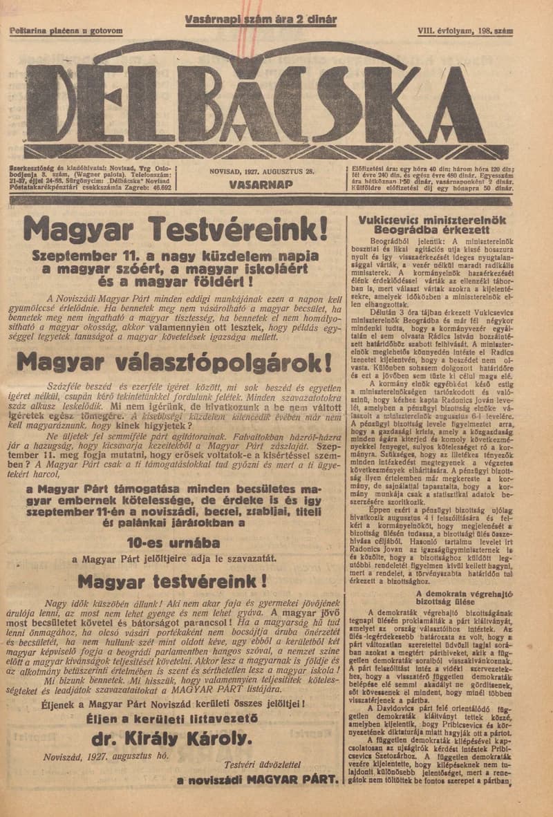 Délbácska, 8. évf. 1927. augusztus 28. 198. sz.