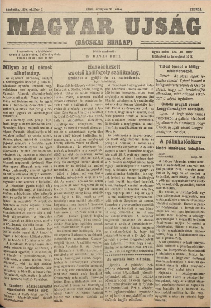 Bácskai Hirlap, 23. évf. 1919. október 1. 91. sz.