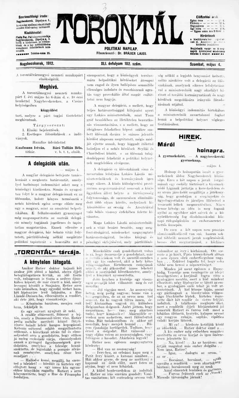 Torontál, 41. évf. 1912. május 4. 102. sz.