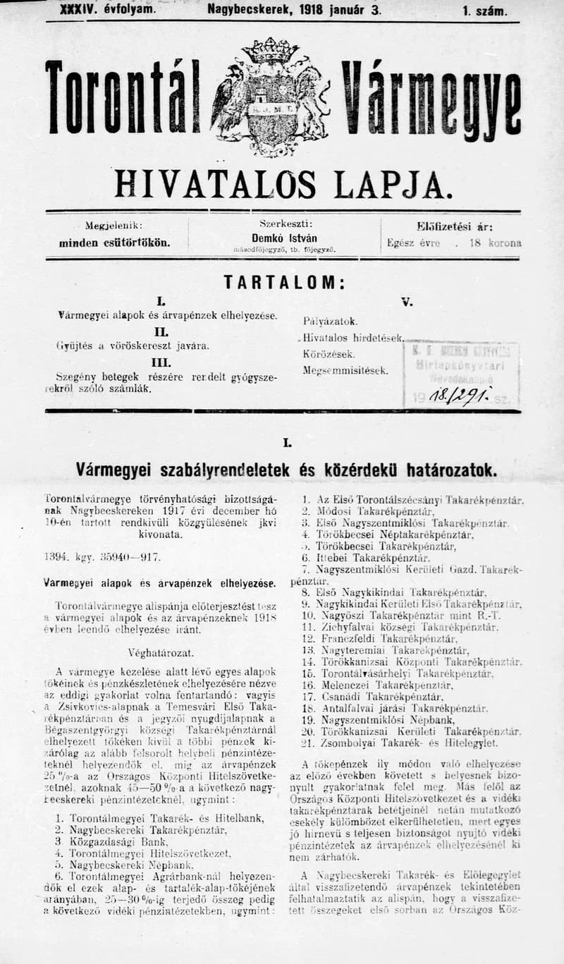 Torontál Vármegye Hivatalos Lapja, 34. évf. 1918. január 3. 1. sz.