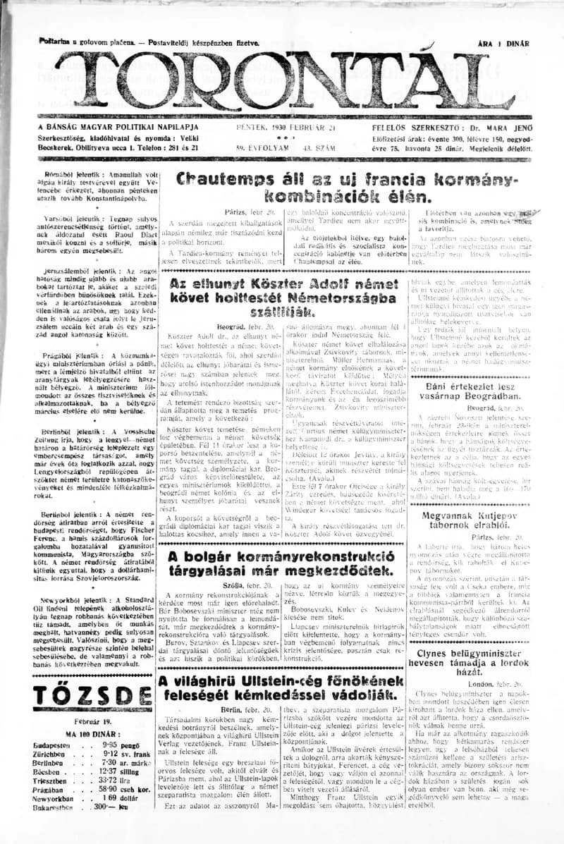 Torontál, 59. évf. 1930. február 21. 43. sz.