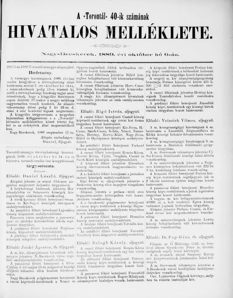 A Totontál  hivatalos melléklete, 2. évf. 1889. október 6. 40. sz.
