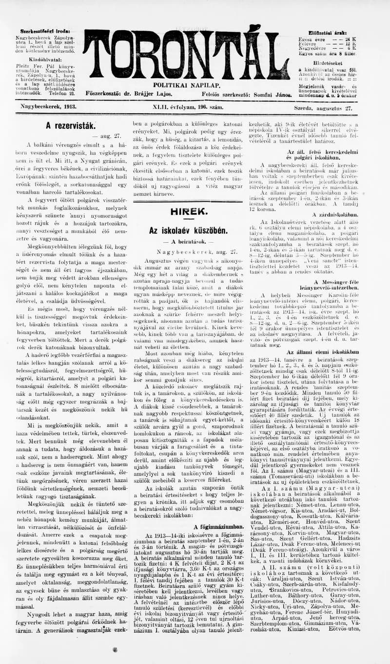 Torontál, 42. évf. 1913. augusztus 27. 196. sz.