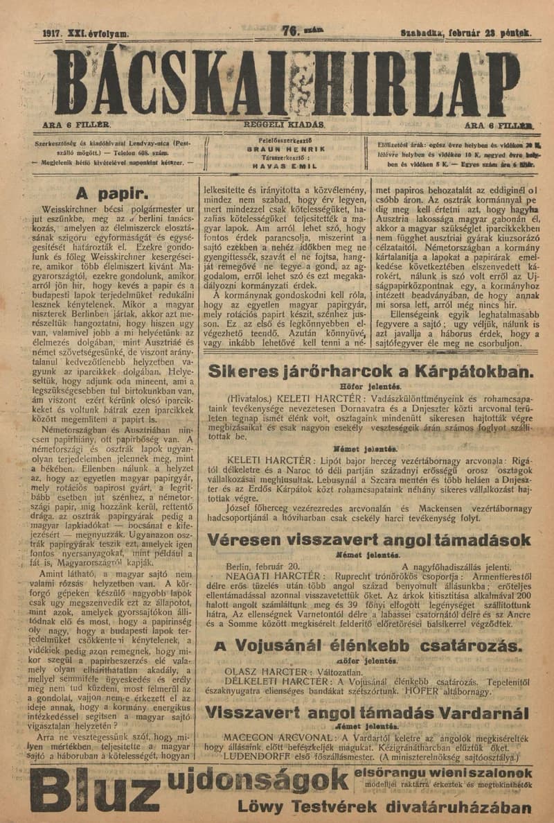 Bácskai Hirlap, 21. évf. 1917. február 23. 76. sz.