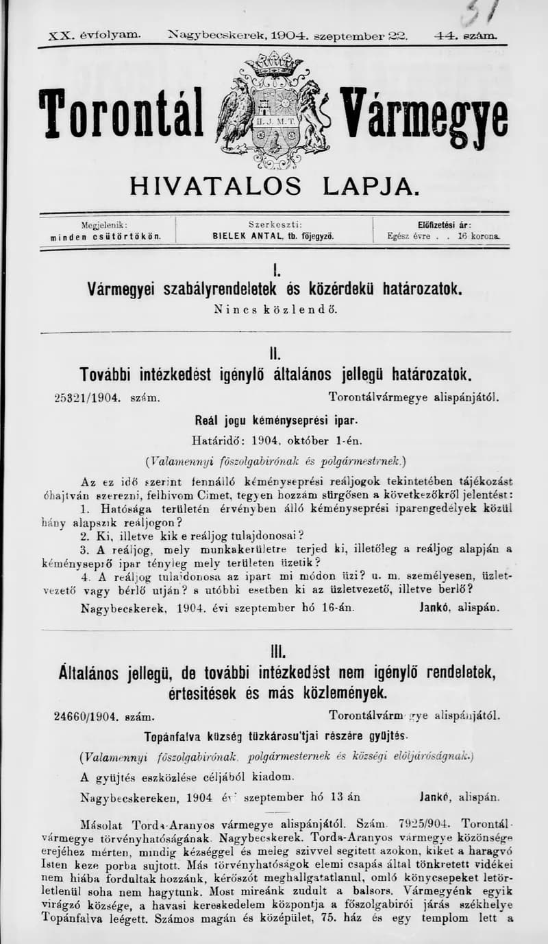 Torontál Vármegye Hivatalos Lapja, 20. évf. 1904. szeptember 22. 44. sz.