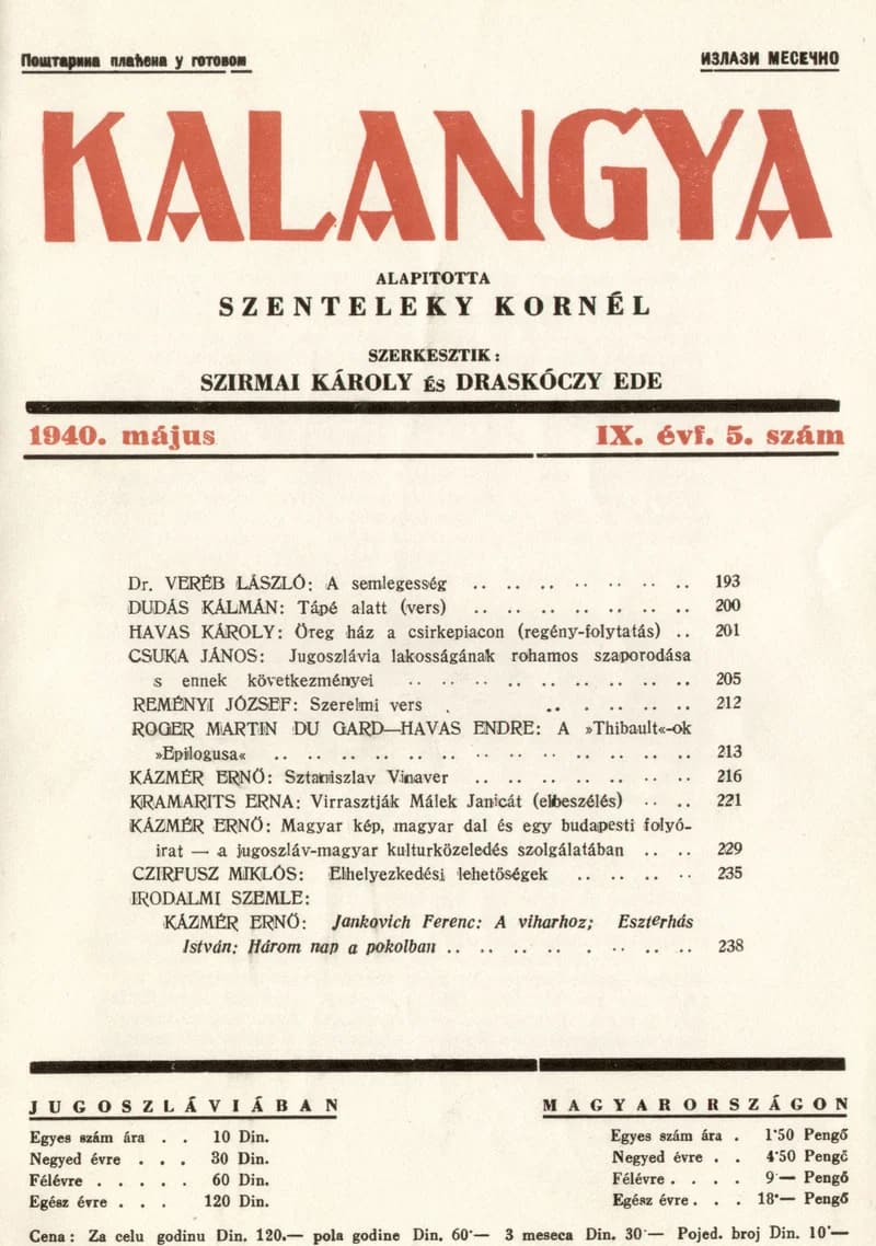 Kalangya, 9. évf. 1940. május. 5. sz. 193–240. oldal