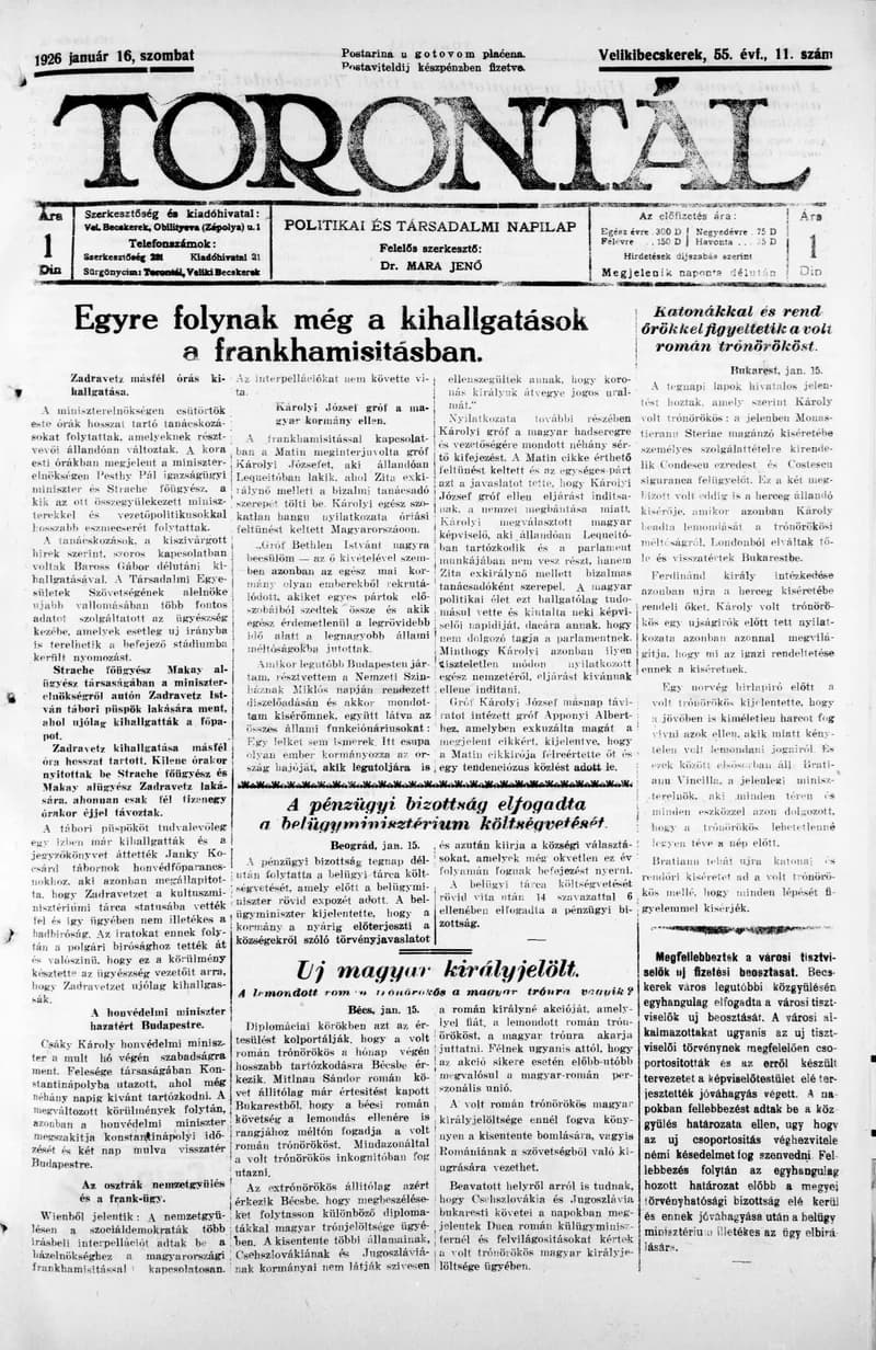 Torontál, 55. évf. 1926. január 16. 11. sz.