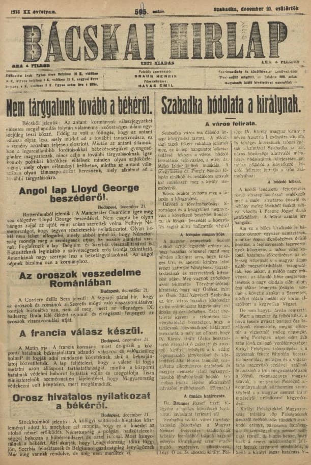Bácskai Hirlap, 20. évf. 1916. december 21. 585. sz.