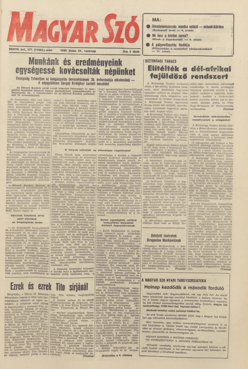 Magyar Szó, 37. évf. 1980. június 29. 177. sz. 1–28. oldal
