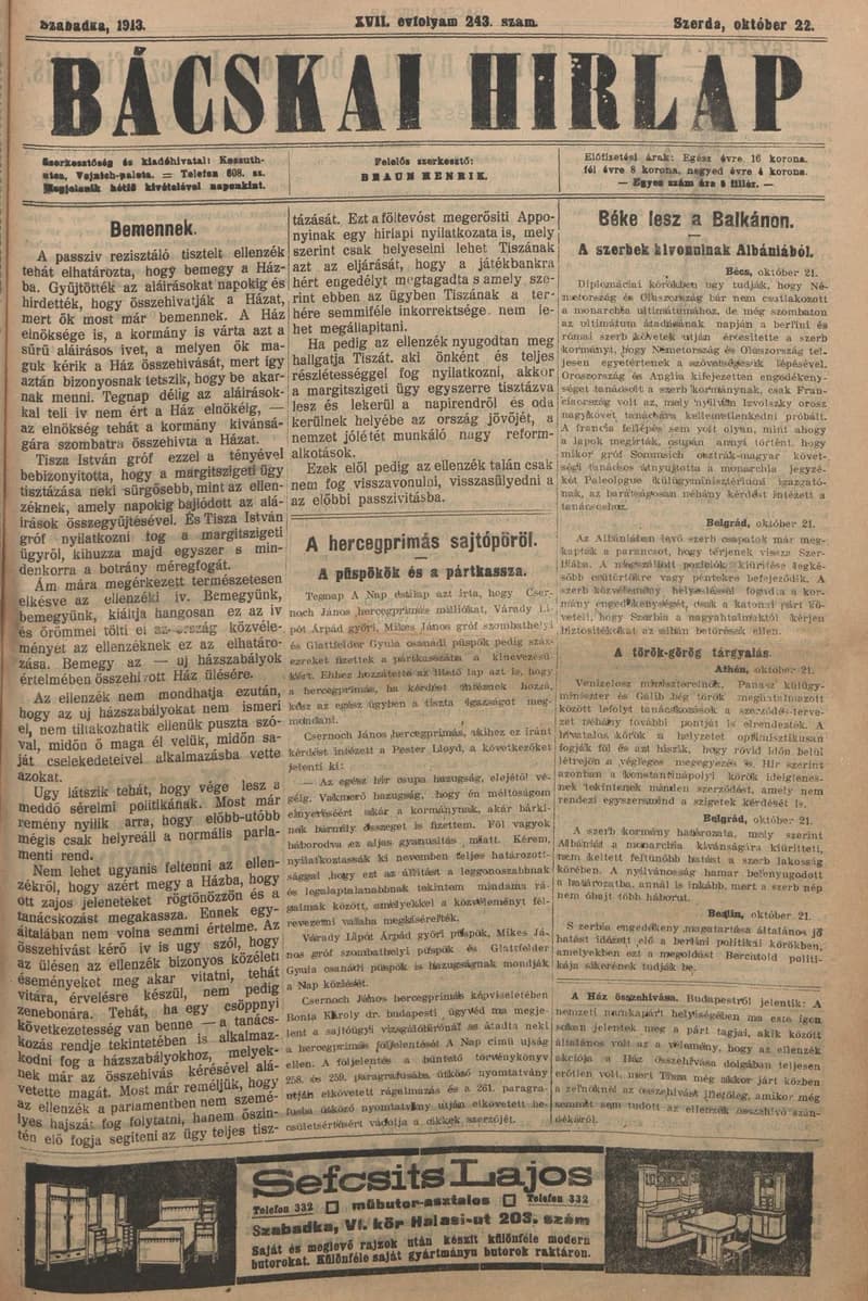 Bácskai Hirlap, 17. évf. 1913. október 22. 243. sz.