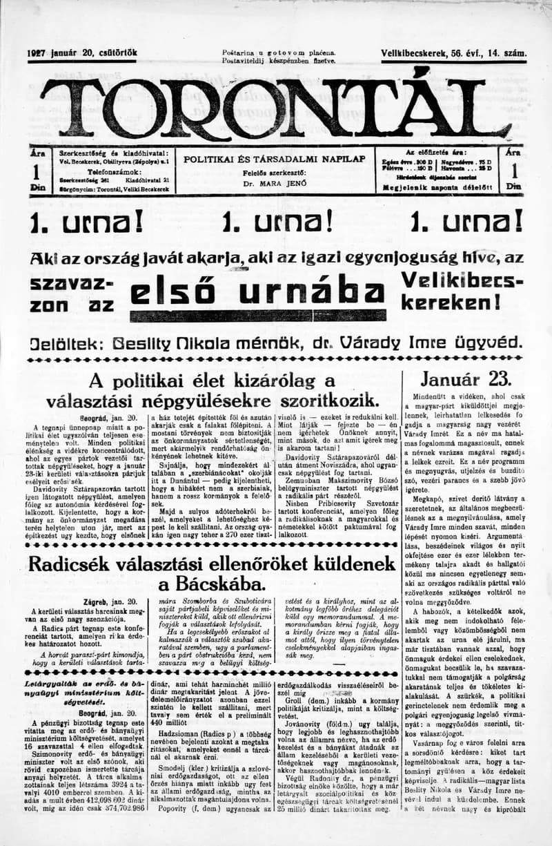 Torontál, 56. évf. 1927. január 20. 14. sz.