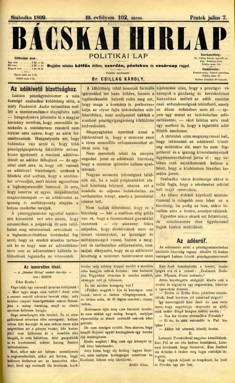 Bácskai Hirlap, 3. évf. 1899. július 7. 102. sz.