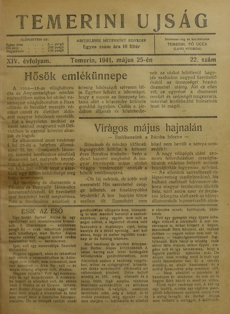 Temerini Újság 1928-1944, 14. évf. 1941. május 25. 22. sz.