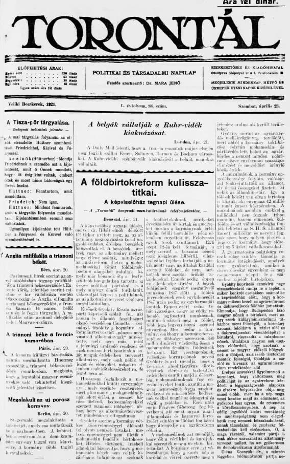 Torontál, 50. évf. 1921. április 23. 88. sz.
