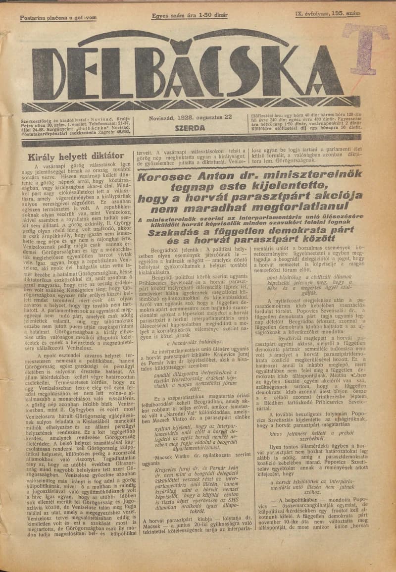 Délbácska, 9. évf. 1928. augusztus 22. 195. sz.