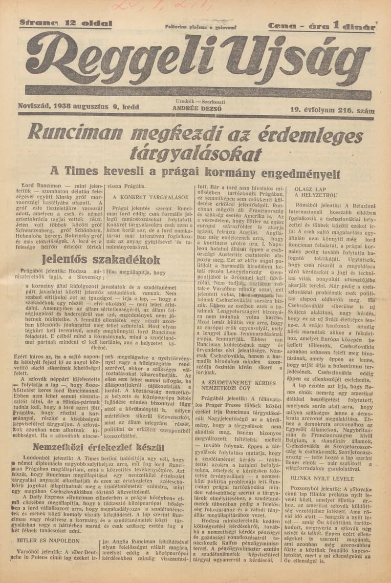 Reggeli Újság, 19. évf. 1938. augusztus 9. 216. sz.