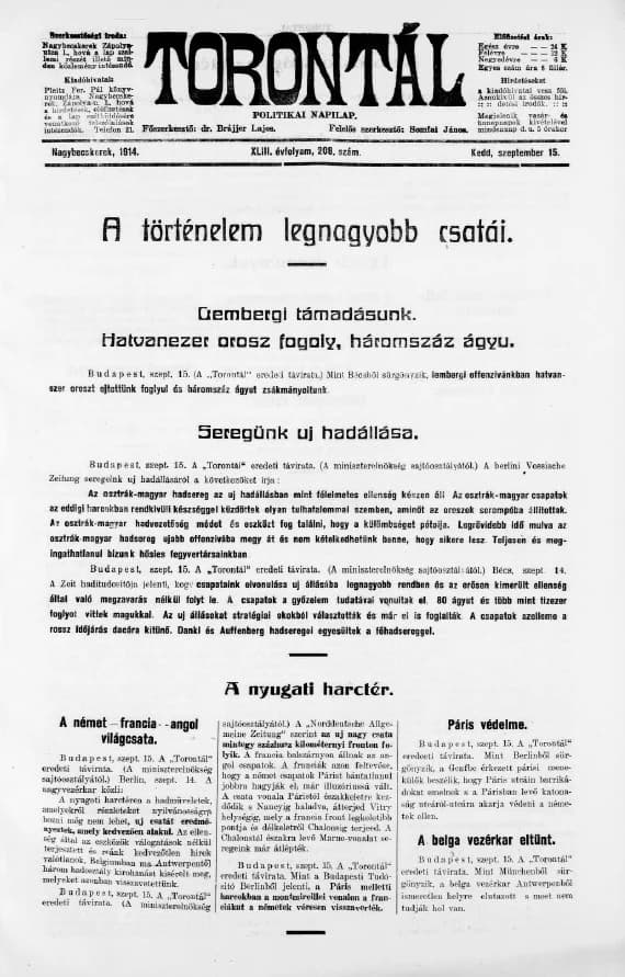 Torontál, 43. évf. 1914. szeptember 15. 208. sz.