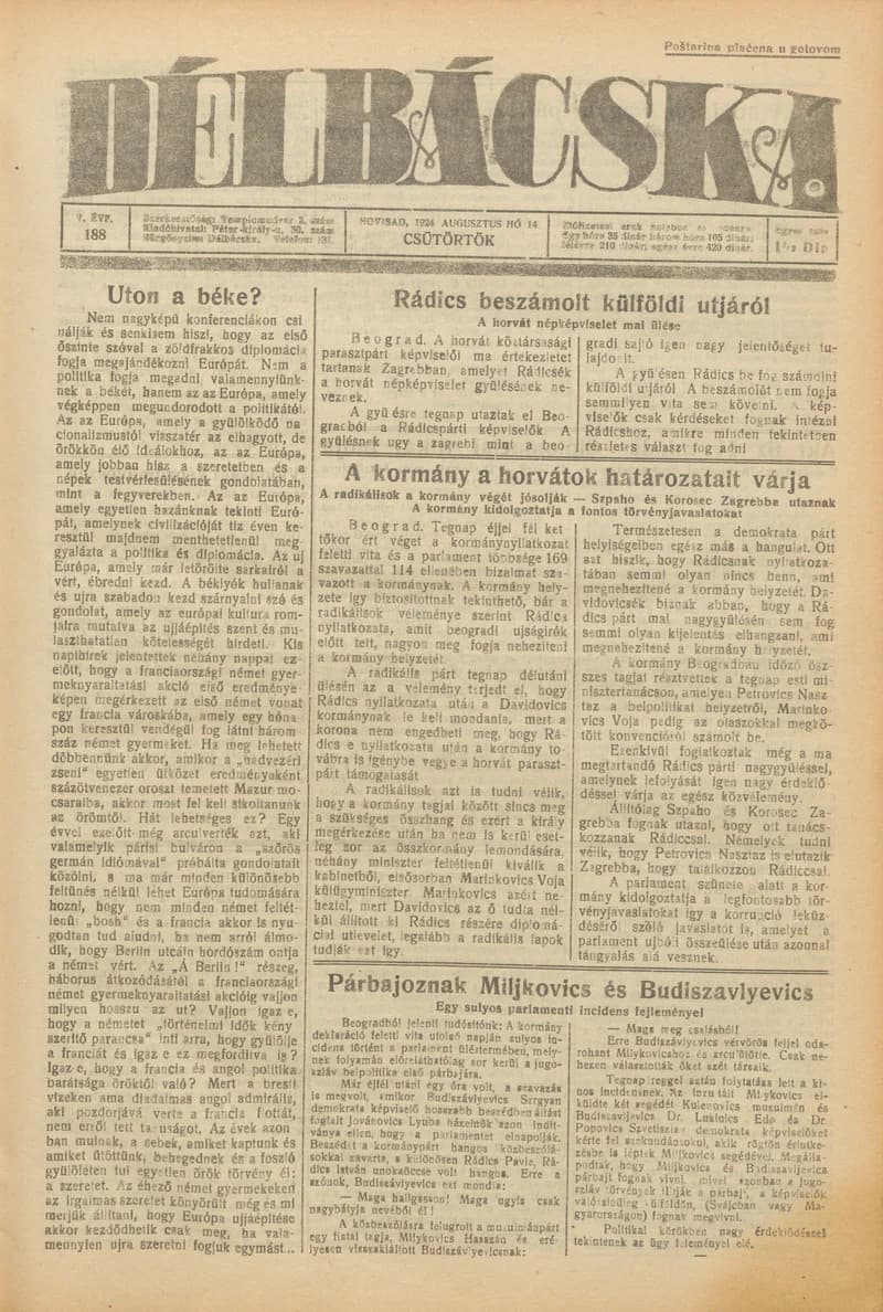 Délbácska, 5. évf. 1924. augusztus 14. 188. sz.