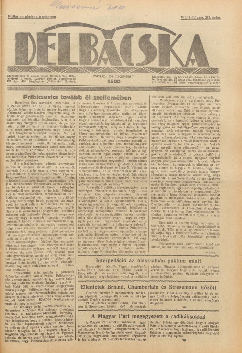 Délbácska, 7. évf. 1926. december 7. 282. sz.