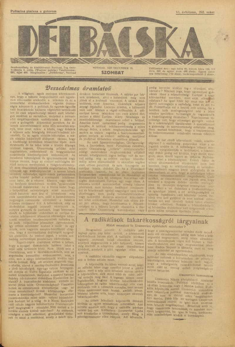 Délbácska, 6. évf. 1925. december 19. 292. sz.