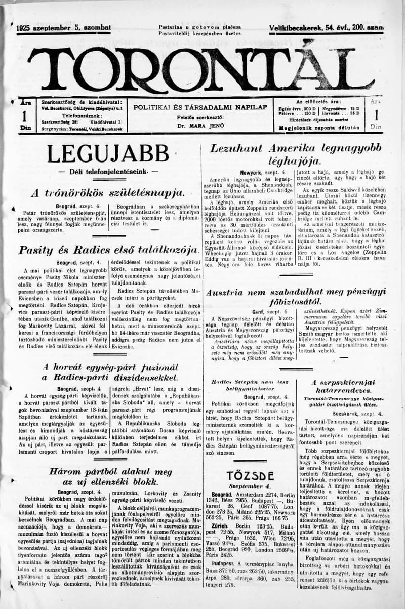 Torontál, 54. évf. 1925. szeptember 5. 200. sz.