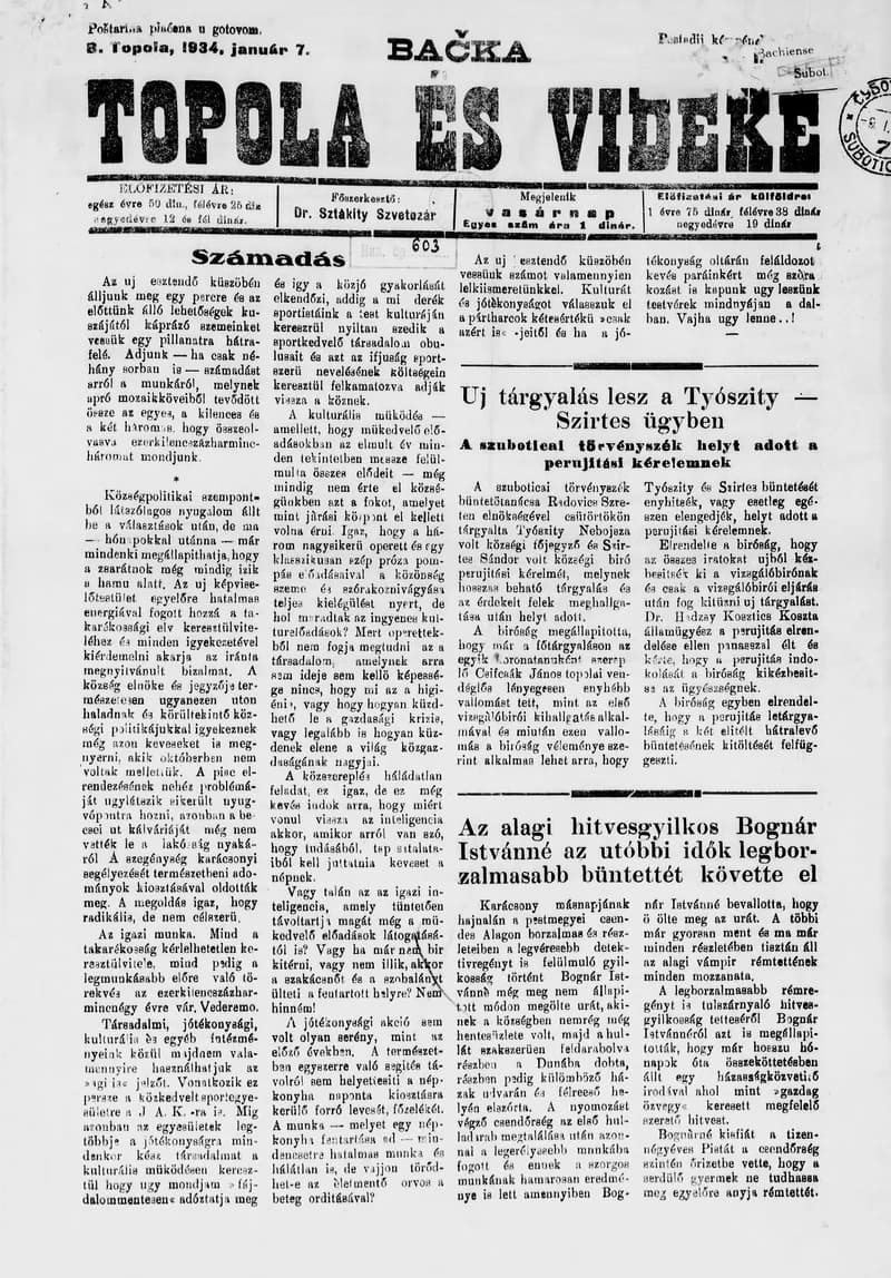 Bačka Topola és Vidéke, 11. évf. 1934. január 7. 1. sz.