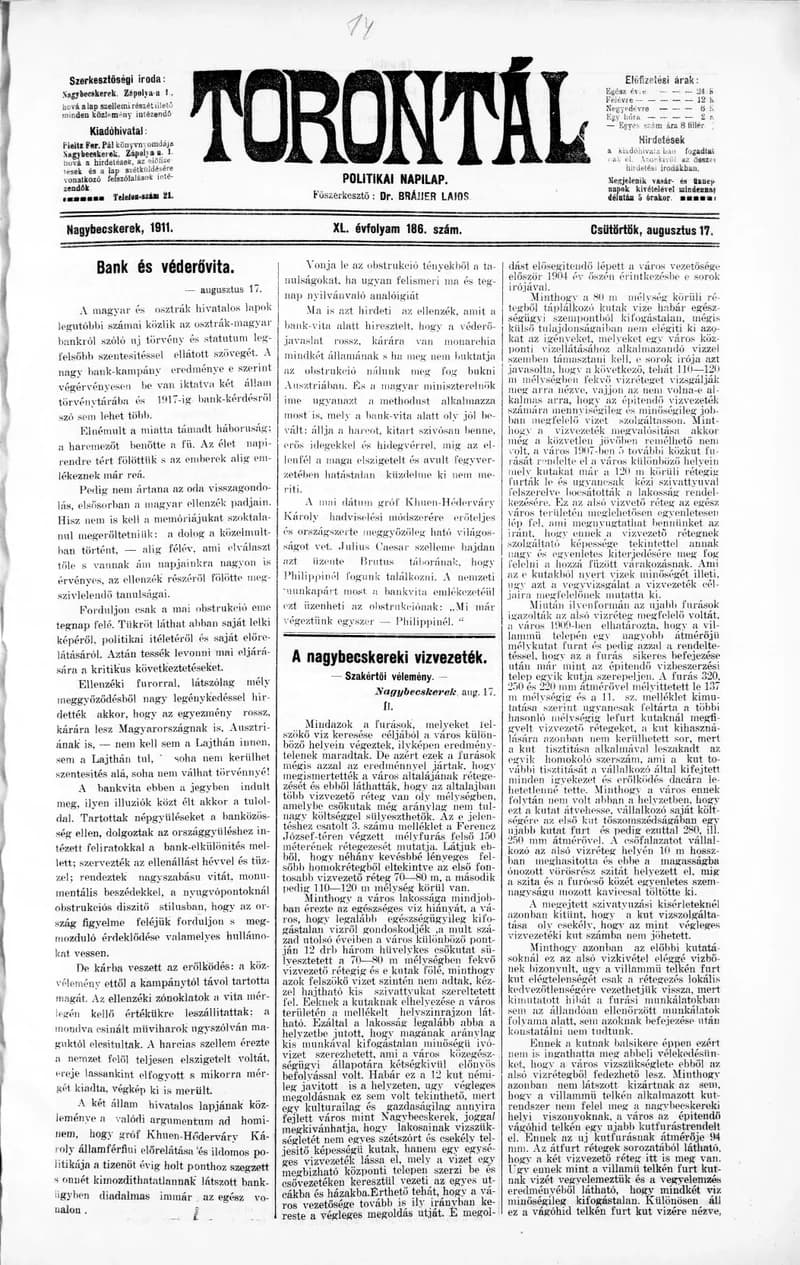 Torontál, 40. évf. 1911. augusztus 17. 186. sz.