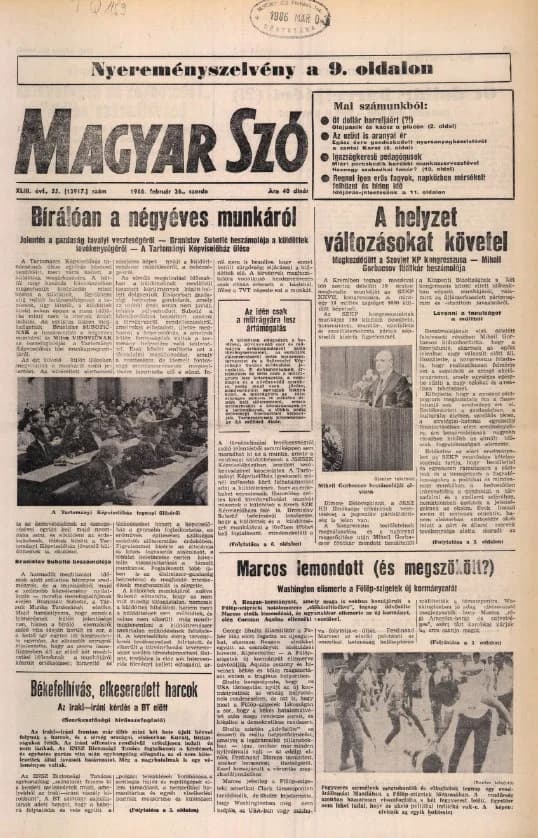 Magyar Szó, 43. évf. 1986. február 26. 55. sz. 1–16. oldal