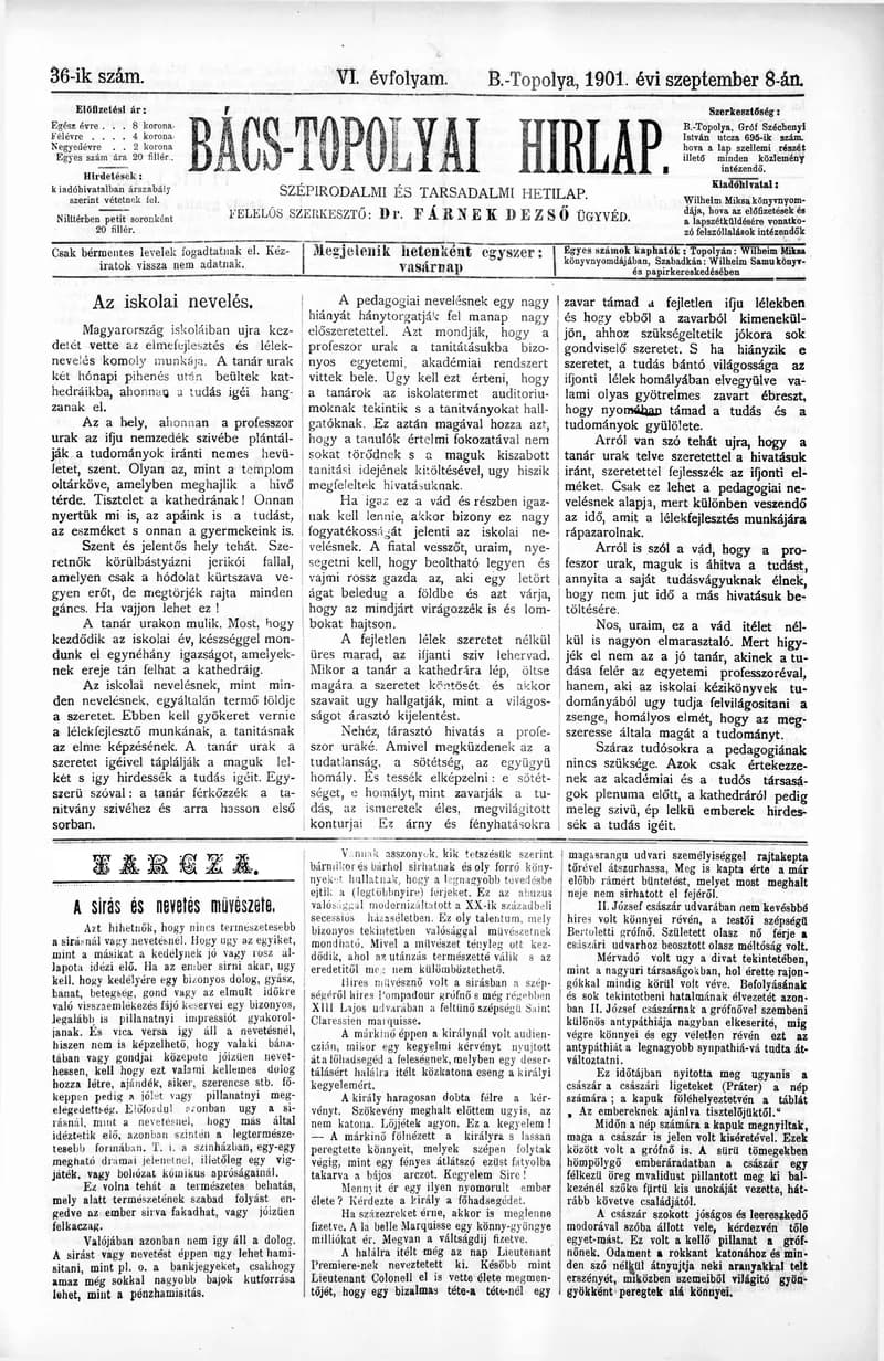 Bács-Topolyai Hirlap, 6. évf. 1901. szeptember 8. 36. sz.
