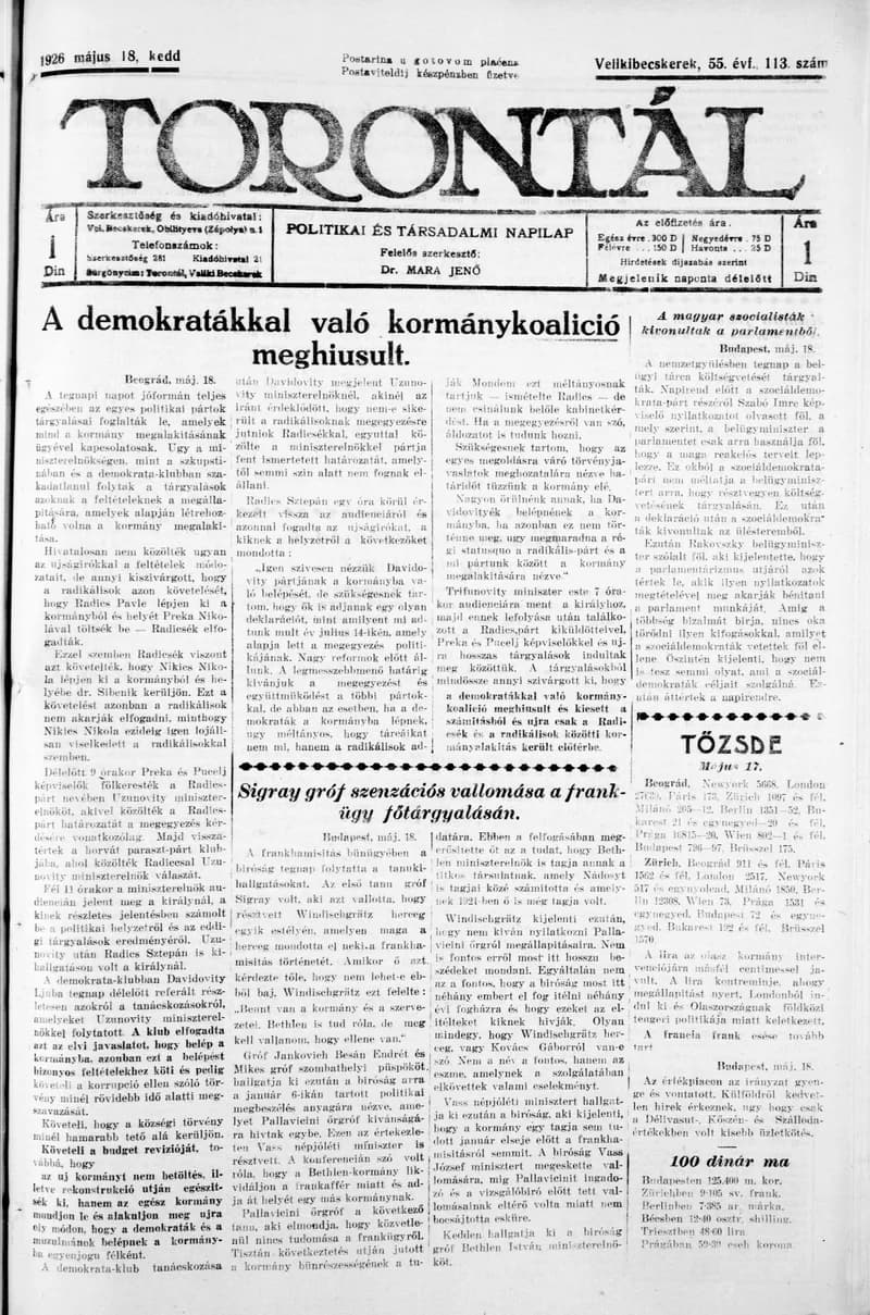 Torontál, 55. évf. 1926. május 18. 113. sz.