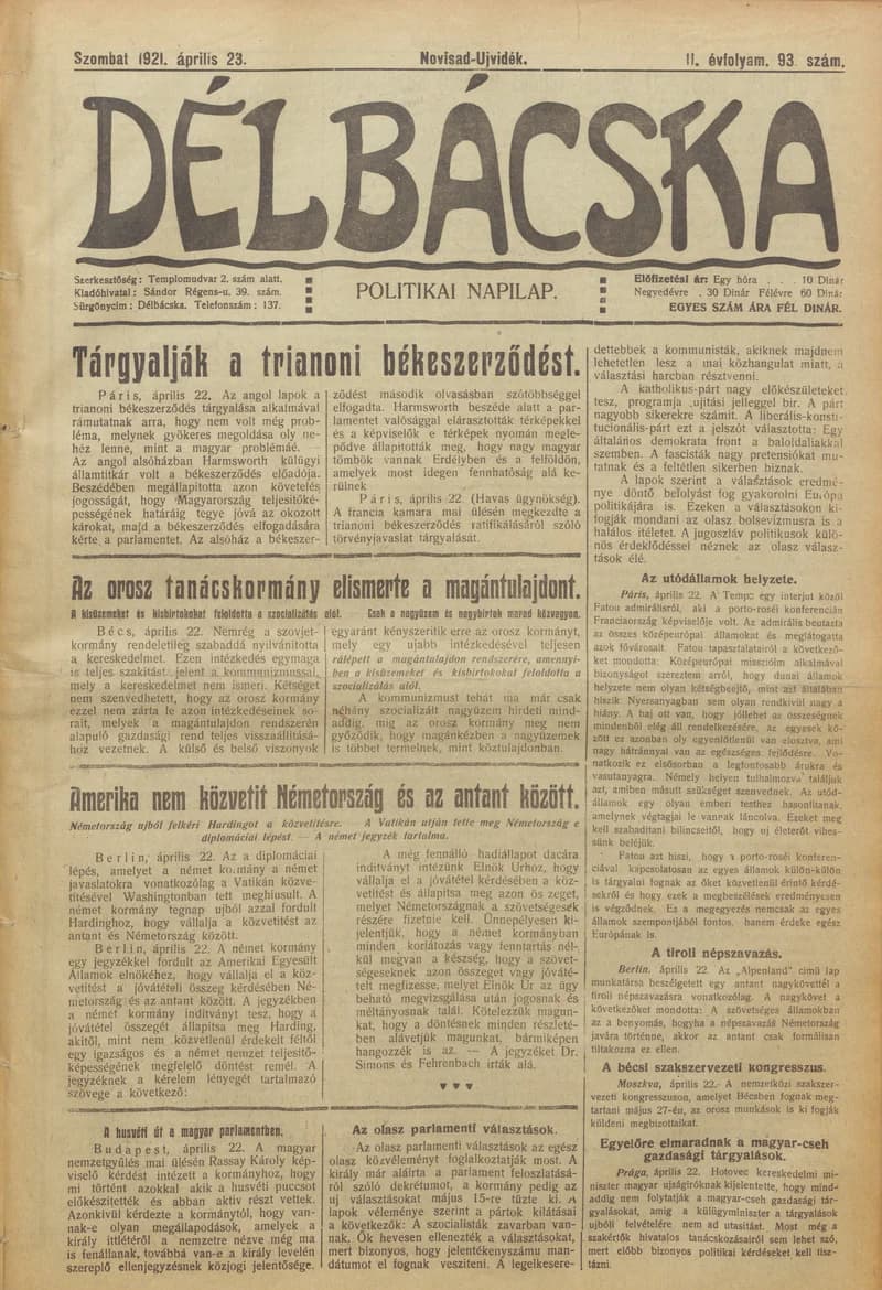 Délbácska, 2. évf. 1921. április 23. 93. sz.