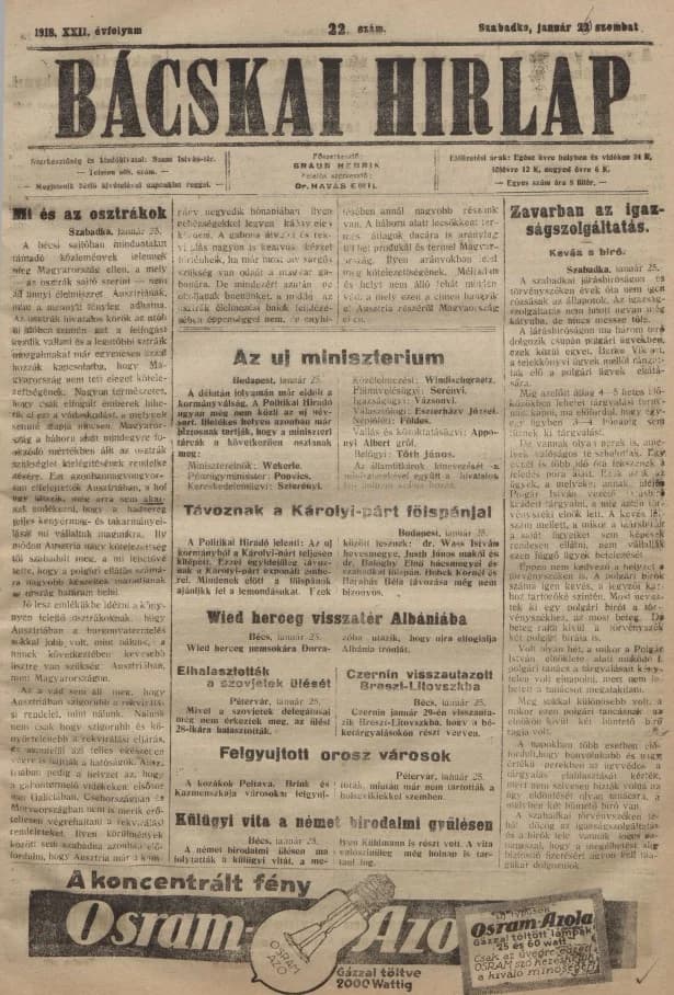 Bácskai Hirlap, 22. évf. 1918. január 26. 22. sz.