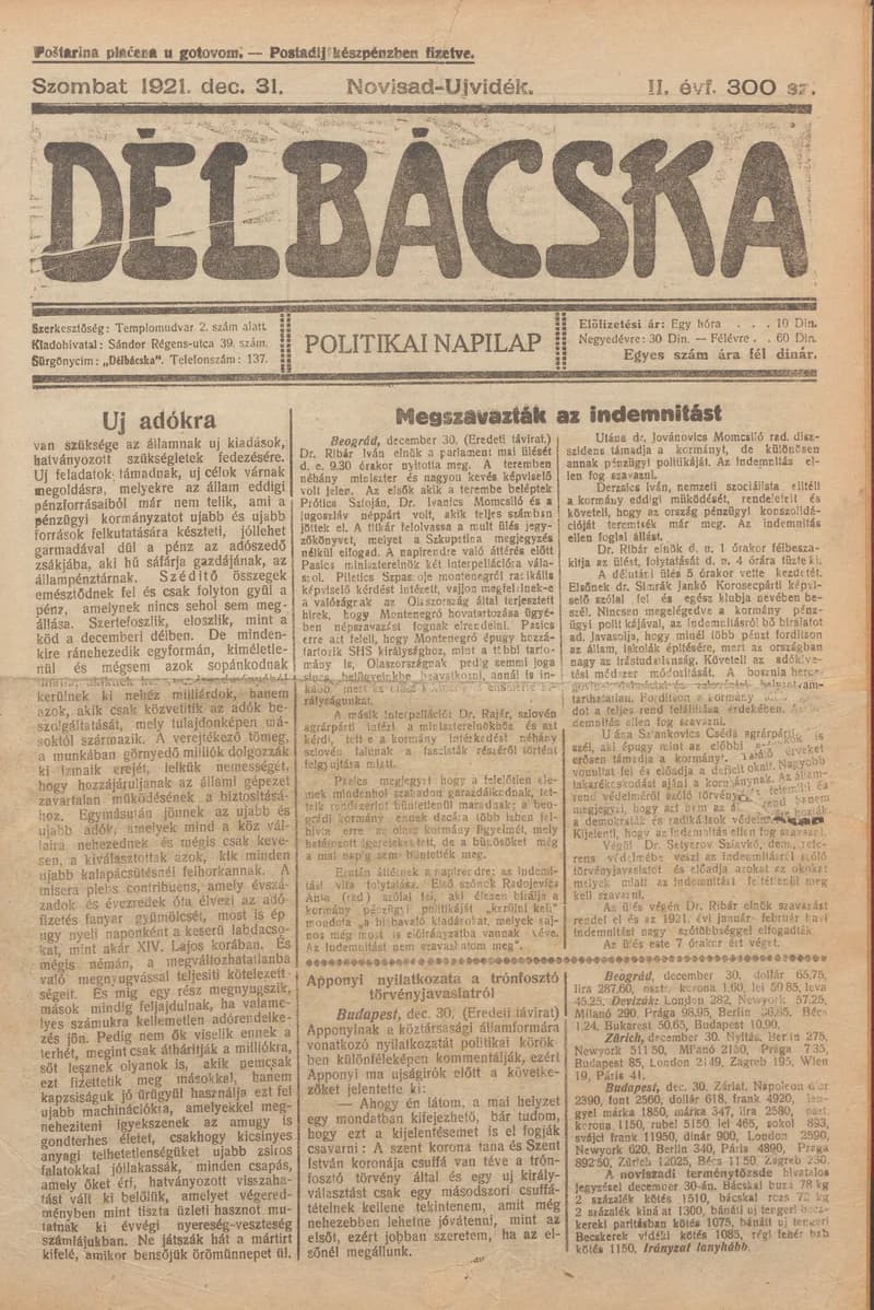 Délbácska, 2. évf. 1921. december 31. 300. sz.