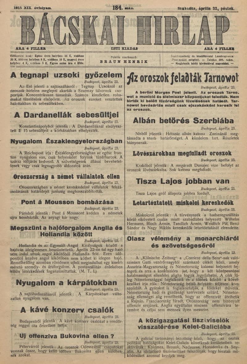 Bácskai Hirlap, 19. évf. 1915. április 23. 184. sz.